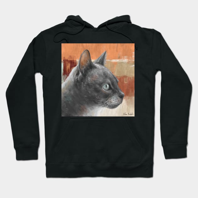 Painting of a Grey Cat with Teal Colored Eyes, in Retro Orange Background. Hoodie by ibadishi